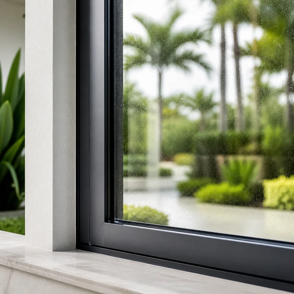 Modern dark frame window installation with tropical garden view