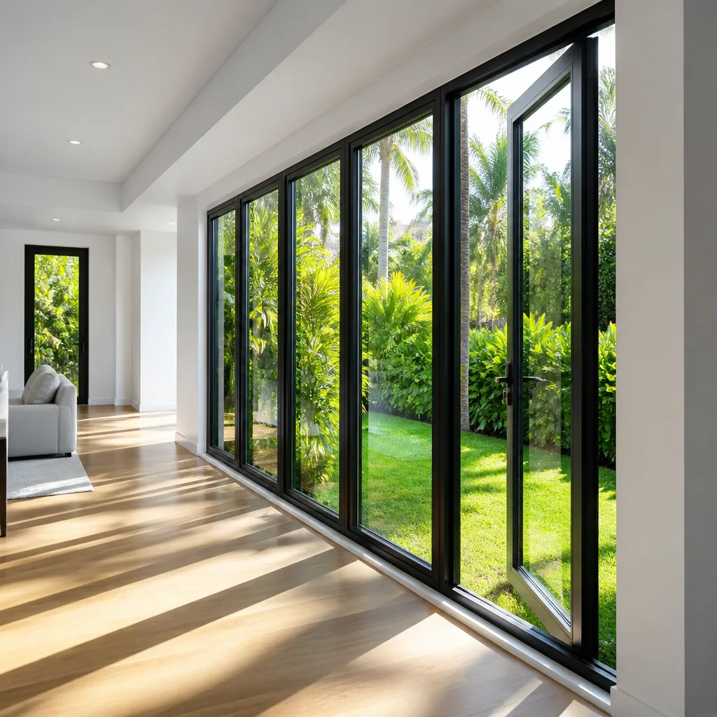 Modern floor-to-ceiling glass bifold patio doors in a bright living space