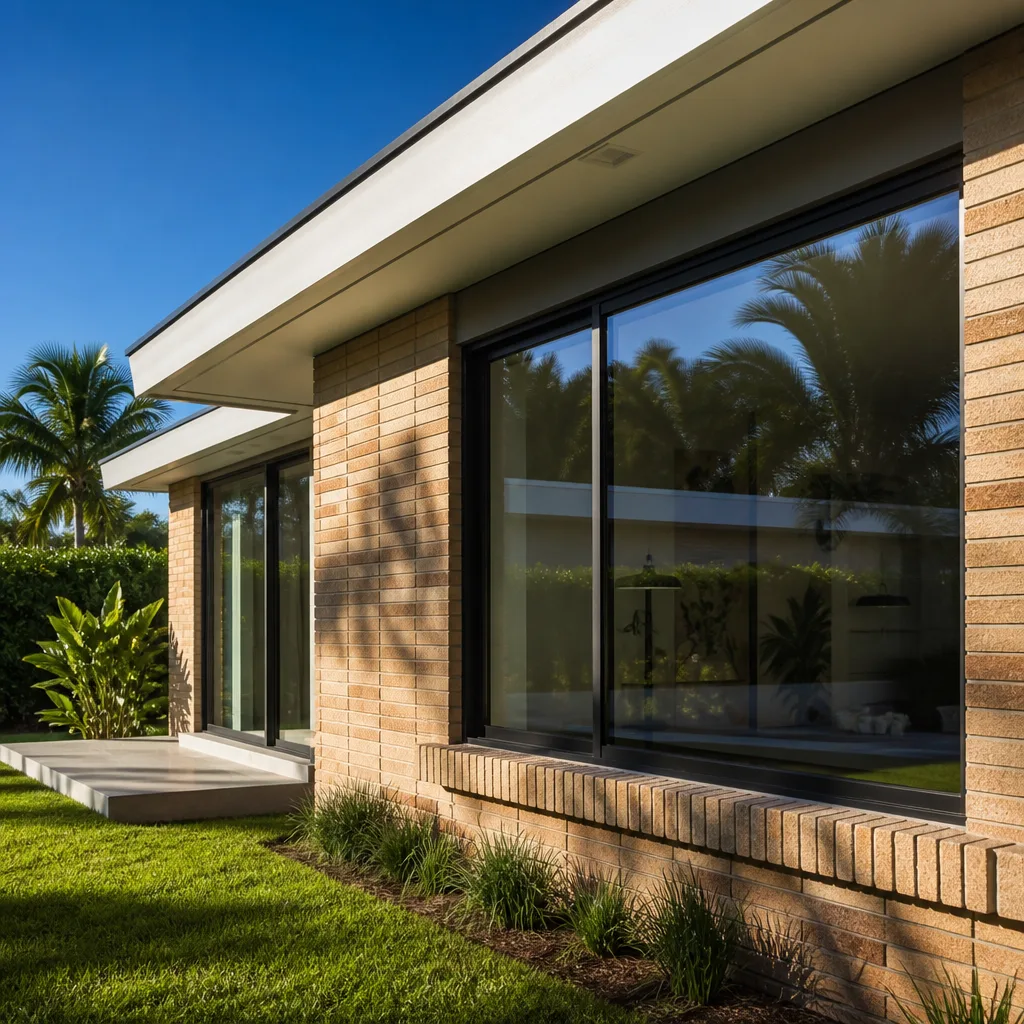 Modern house exterior with recently installed dark framed replacement windows